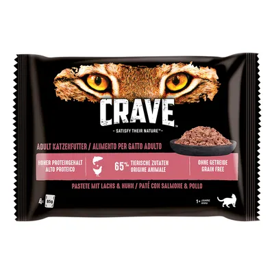 CRAVE adult kattenvoer, paté met zalm & kip, 65% dierlijke ingrediënten, hoog eiwitgehalte, zonder granen. Verpakking toont portie natvoer en tekst in meerdere talen.