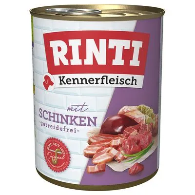 RINTI Kennerfleisch mit Schinken, getreidefrei. Afbeelding van vlees op het etiket. Blik hondenvoer.