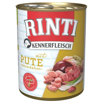 RINTI Kennerfleisch mit Pute, getreidefrei. Dåse med billede af kalkunkød og indmad. RINTI seit 1983 Original står på forsiden.