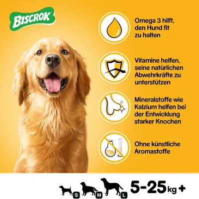 Biscrok. Omega 3 za kondicijo, vitamini za podporo odpornosti, kalcij za močne kosti, brez umetnih arom. Primerno za pse od 5 do 25 kg (S, M, L).