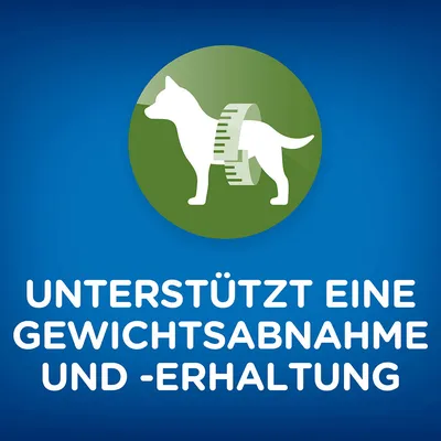 UNTERSTÜTZT EINE GEWICHTSABNAHME UND -ERHALTUNG (tysk tekst) med ikon af hund og målebånd omkring kroppen.