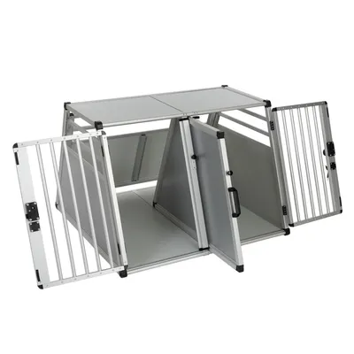 Box per animali in metallo e pannelli grigi, doppio scomparto con porte anteriori aperte e maniglie nere visibili.