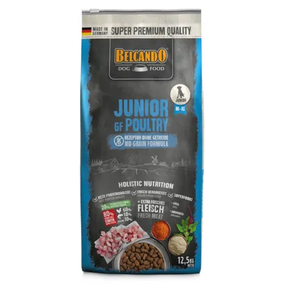 Belcando Dog Food Junior GF Poultry, receptura bez obilovin, holistická výživa s čerstvým masem a superpotravinami, 12,5 kg. Vyrobeno v Německu, pro psy M-XL.