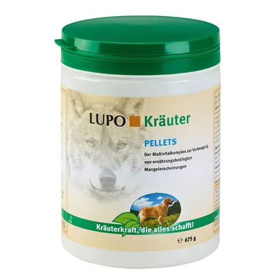 Boîte de 675 g LUPO Kräuter PELLETS, texte en allemand, image d’un loup et d’un chien, couvercle vert. Mention : Kräuterkraft, die alles schafft!