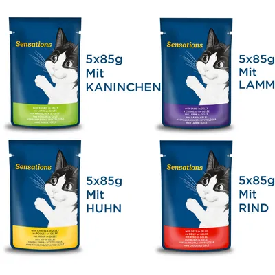Sensations macskaeledel: 5×85g nyúl, 5×85g bárány, 5×85g csirke, 5×85g marha. A csomagoláson német feliratok: Mit KANINCHEN, LAMM, HUHN, RIND.