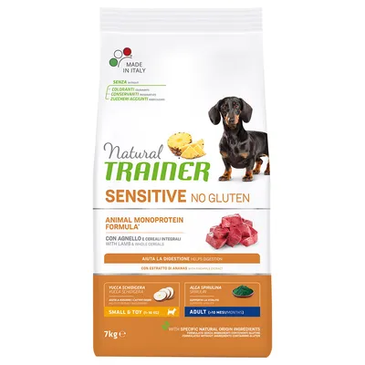 Natural Trainer Sensitive No Gluten, Animal Monoprotein Formula lampaanlihaa ja täysjyväviljaa. Valmistettu Italiassa, ei väriaineita, säilöntäaineita, lisättyä sokeria. 7 kg pakkaus.