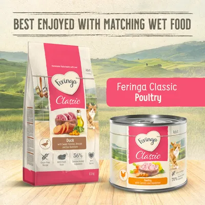 Feringa Classic Adult Dry Food Duck with Sweet Potatoes, Broccoli and Sea Buckthorn, 6.5 kg. Feringa Classic Adult Wet Food Poultry with Carrots and Dandelion.
