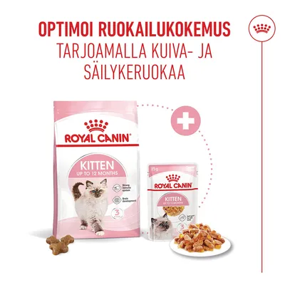 Royal Canin Kitten jopa 12 kuukautta Kuiva- ja märkäruoka, Huomautus: Optimaalinen ruokinta yhdistämällä kuivaruokaa ja märkäruokaa.