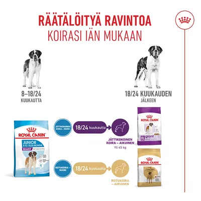 Ruokintasuositus: Royal Canin Junior koirille 8–18/24 kuukauden iässä, sen jälkeen vaihto XL Giant Adult- tai Great Dane Adult -ruokaan 18/24 kuukauden iästä alkaen. Ruokintasuositus: Royal Canin Junior koirille 8–18/24 kuukauden iässä, sen jälkeen vaihto XL Giant Adult- tai Great Dane Adult -ruokaan 18/24 kuukauden iästä alkaen.