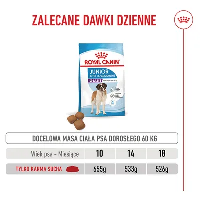 Tabela żywienia dla Royal Canin Junior Giant karma sucha: zalecane dzienne ilości przy 60 kg wagi docelowej, wiek 10 miesięcy 655 g, 14 miesięcy 533 g, 18 miesięcy 526 g. Tabela żywienia dla Royal Canin Junior Giant karma sucha: zalecane dzienne ilości przy 60 kg wagi docelowej, wiek 10 miesięcy 655 g, 14 miesięcy 533 g, 18 miesięcy 526 g.