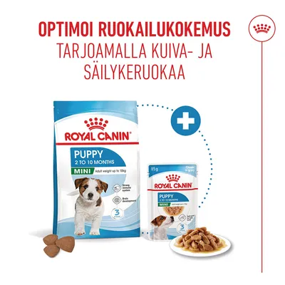Royal Canin Puppy Mini 2–10 kuukautta Kuiva- ja märkäruoka, 85 g pussi sekä kuvattuja nappuloita. Suositus: yhdistä kuivaruoka ja märkäruoka.