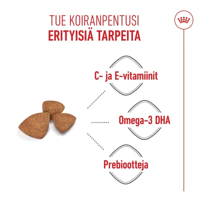 Kuivaruokapalat, joissa on maininta C- ja E-vitamiineista, omega-3 DHA:sta ja prebiooteista.