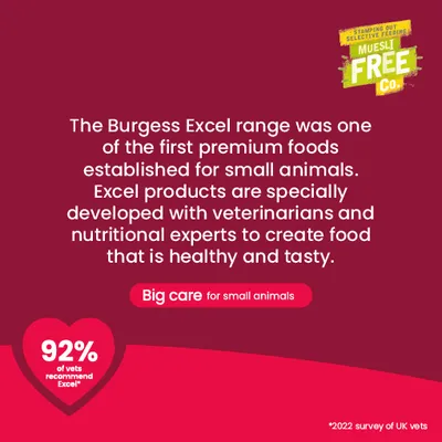 Burgess Excel: Premium food for small pets, developed with veterinarians and nutrition experts. 92% of vets recommend Excel. Muesli Free Co. Big care for small animals.