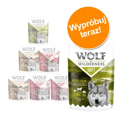 WOLF OF WILDERNESS SOFT, różne warianty saszetek. Na opakowaniu widoczny napis: GREEN FIELDS with fresh lamb, chicken and sweet potato. Pomarańczowe kółko: Wypróbuj teraz!