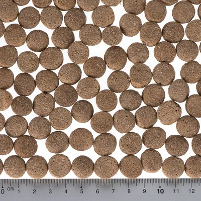 Crocchette rotonde marroni disposte su sfondo bianco, con righello in basso che mostra il diametro di circa 1,5 cm per crocchetta.