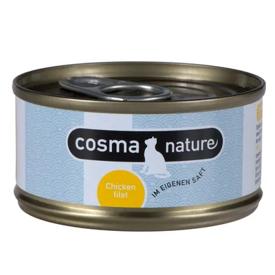 cosma nature Chicken filet IM EIGENEN SAFT -kissanruokapurkki, metallia, etiketti vaaleansininen ja keltainen, avausrengas kannessa