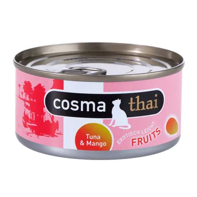 Konzerva cosma thai, nápisy Tuna & Mango, EXOTISCH LEICHT FRUITS, růžová etiketa s obrázkem kočky a siluetami palem.