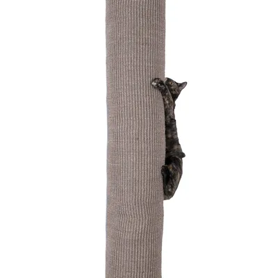 Kratzsäule aus braunem Sisal mit einer Katze, die daran klettert.
