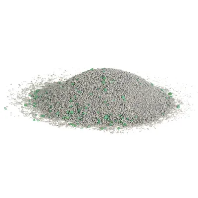 Grått granulat med gröna partiklar, lämpligt för strö eller liknande användning.