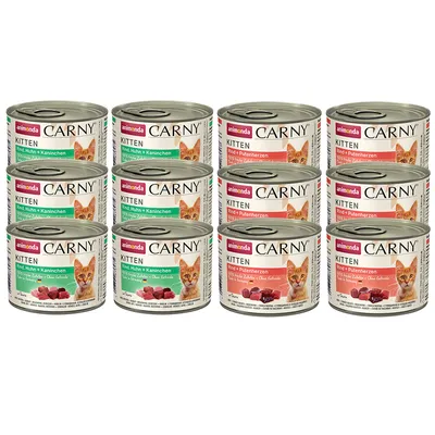 12 konzerv Animonda Carny Kitten: 6x Rind, Huhn + Kaninchen a 6x Rind + Putenherzen. Na etiketě obrázek kotěte a složení bez obilovin.