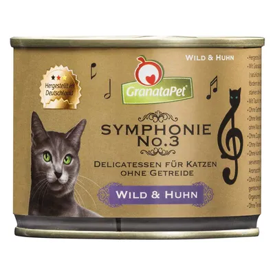 GranataPet Symphonie No.3, Delicatessen für Katzen ohne Getreide, Wild & Huhn, prodotto in Germania, immagine di gatto e note musicali sulla confezione.