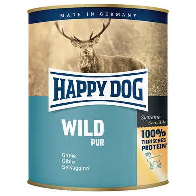 Lata de comida para perros Happy Dog Wild Pur. Texto visible: Made in Germany, Supreme Sensible, 100% tierisches Protein, Game Gibier Selvaggina.