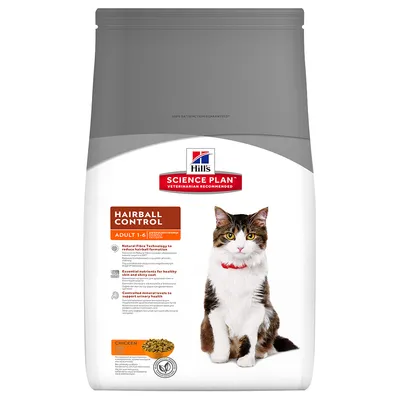 Hill's Science Plan Hairball Control Adult 1–6 con pollo. Imagen de un gato y croquetas. Texto visible: Natural Fibre Technology, nutrientes esenciales, minerales controlados.