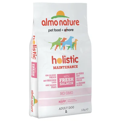 almo nature holistic maintenance con salmone fresco, NO GMO, NSPF, adult dog L, 12 kg. Testo in inglese e altre lingue visibile sulla confezione.
