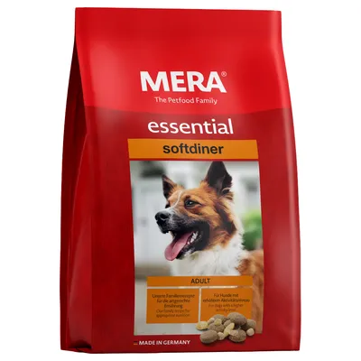MERA essential softdiner Adult. Rodinné recepty pro přirozenou výživu. Pro psy s vyšší úrovní aktivity. Vyrobeno v Německu.