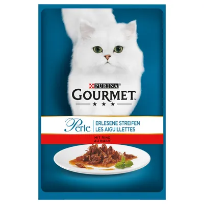 Pachet hrană umedă pentru pisici Purina Gourmet Perle, text vizibil: Erlesene Streifen, Les Aiguillettes, mit Rind au boeuf, imagine felii de carne în sos pe farfurie.