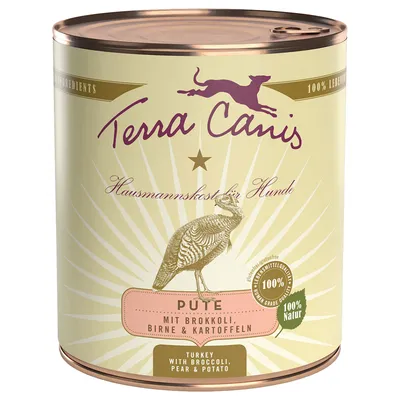 Terra Canis Hausmannskost für Hunde, Pute mit brokkoli, birne & kartoffeln, 100% lebensmitteltauglich, 100% natur. Testo in tedesco e inglese sulla confezione.