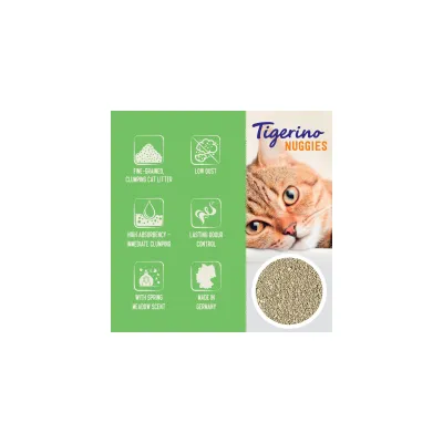 Tigerino Nuggies. Finkornet, klumpende kattegrus, støvfattig, høj sugeevne, langvarig lugtkontrol, duft af forårseng, fremstillet i Tyskland.