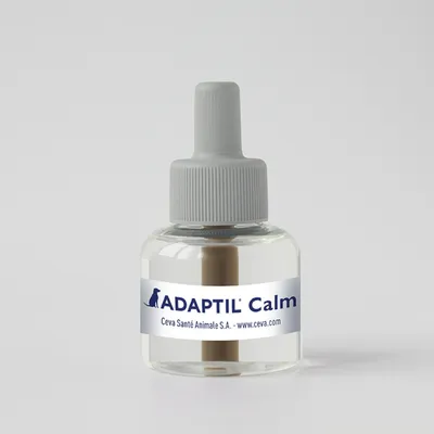 Bottle labelled ADAPTIL Calm with Ceva Santé Animale S.A. and website address visible on the label.