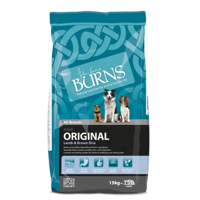 Burns Adult Original Hundefutter mit Lamm und braunem Reis, für alle Rassen. 15kg, 150 Mahlzeiten. Hypoallergen, empfohlen von Tierärzten, unterstützt Haut, Fell und Verdauung.