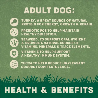 Adult dog food benefits: turkey for protein, prebiotic FOS for digestion, seaweed for oral hygiene and nutrients, vitamin E for immune system, yucca to reduce flatulence odours.
