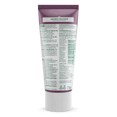 Back of product tube showing feeding guidelines, composition, analytical constituents, storage instructions, and manufacturer details in English and German. Tube size: 75g.