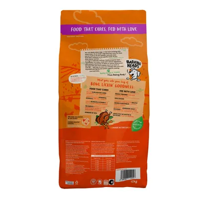 Back of pet food bag showing feeding guide, nutritional information, product benefits such as 50% chicken and no added nasties, and contact details. Made in the UK. 12kg.