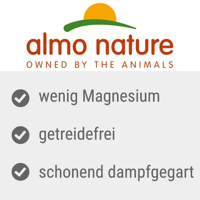 almo nature. Wenig Magnesium, getreidefrei, schonend dampfgegart.