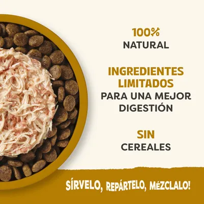 100% natural, ingredientes limitados para una mejor digestión, sin cereales. Sírvelo, compártelo, mézclalo.