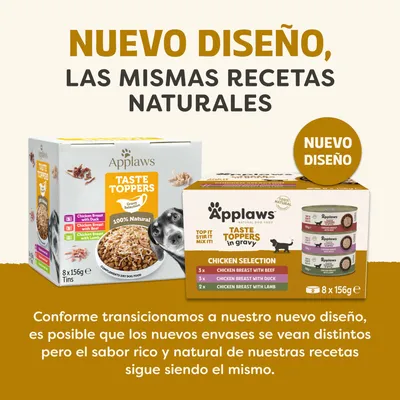 Applaws Taste Toppers con nuevo diseño, mismas recetas naturales. Aviso: Nuevo envase, pero el sabor y la receta permanecen sin cambios.