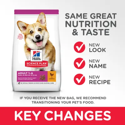 Hill's Science Plan Adult 1–6 Small & Mini up to 10 kg Chicken -koiranruokapakkaus. Teksti: Same great nutrition & taste, new look, new name, new recipe, key changes.
