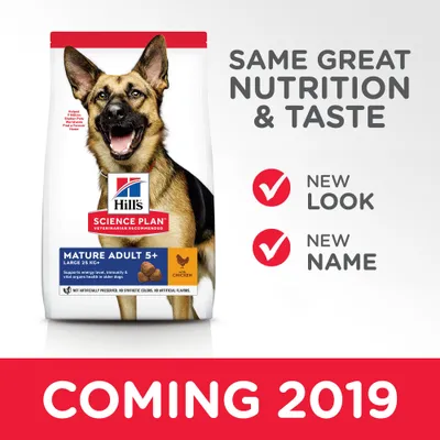 Hill's Science Plan Mature Adult 5+ Large 25 kg+ Chicken -koiranruokapakkaus, tekstit: SAME GREAT NUTRITION & TASTE, NEW LOOK, NEW NAME, COMING 2019.