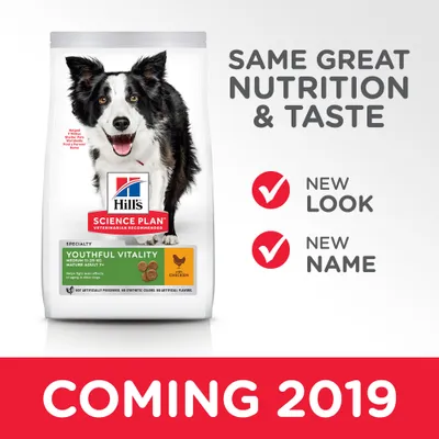 Hill's Science Plan Youthful Vitality Medium 11–25 kg Mature Adult 7+ Chicken -koiranruokapakkaus. Tekstit: SAME GREAT NUTRITION & TASTE, NEW LOOK, NEW NAME, COMING 2019.