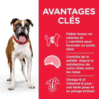 AVANTAGES CLÉS : faible teneur en calories et L-carnitine, contrôle de la satiété, oméga-6 et vitamine E pour peau et pelage. Texte en français à droite d’un chien boxer.