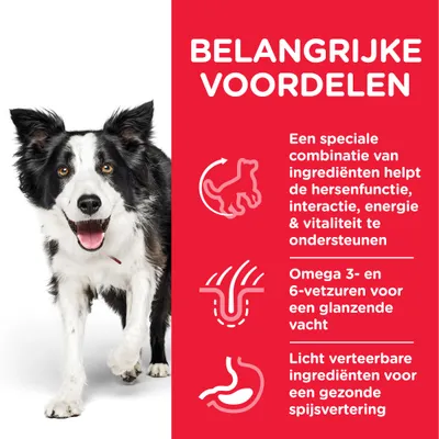BELANGRIJKE VOORDELEN: speciale combinatie van ingrediënten ondersteunt hersenfunctie, interactie, energie, vitaliteit; omega 3- en 6-vetzuren voor vacht; licht verteerbare ingrediënten.