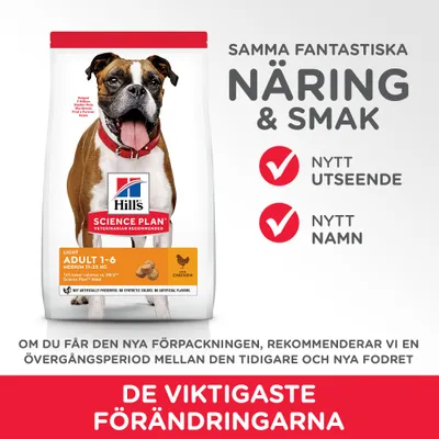 Hill's Science Plan Adult 1–6 Medium hundfoder kyckling. Samma fantastiska näring & smak, nytt utseende, nytt namn. Rekommenderad övergångsperiod mellan tidigare och nya fodret.
