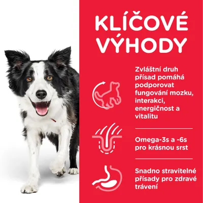 Klíčové výhody: zvláštní druh přísad podporuje mozek, interakci, energičnost a vitalitu; Omega-3s a -6s pro krásnou srst; snadno stravitelné přísady pro zdravé trávení.