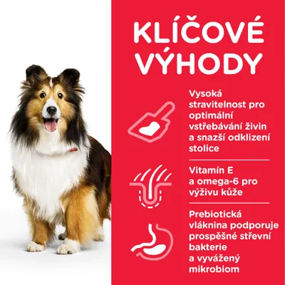 Klíčové výhody: vysoká stravitelnost, vitamín E a omega-6 pro kůži, prebiotická vláknina podporuje střevní bakterie. Obrázek psa vedle textu.