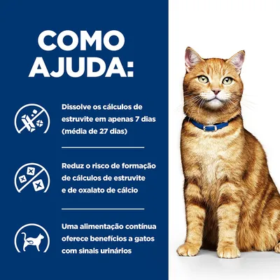 Como ajuda: dissolve cálculos de estruvite em 7 dias, reduz risco de formação de cálculos de estruvite e oxalato de cálcio, alimentação contínua beneficia gatos com sinais urinários.