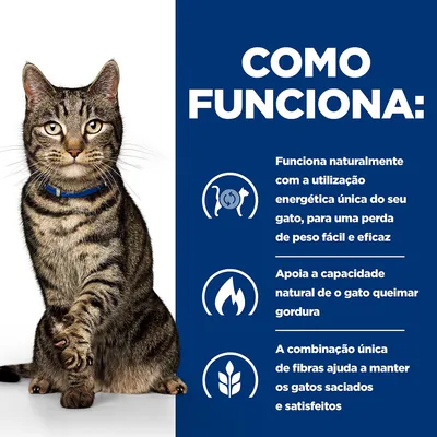 Texto: Como funciona. Funciona naturalmente com a utilização energética única do seu gato, para uma perda de peso fácil e eficaz. Apoia a capacidade natural de o gato queimar gordura. A combinação única de fibras ajuda a manter os gatos saciados e satisfeitos.